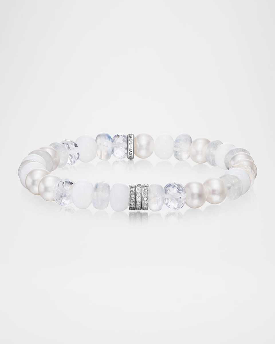 White Mixed Gemstone Bead Bracelet with Diamond Rondelles